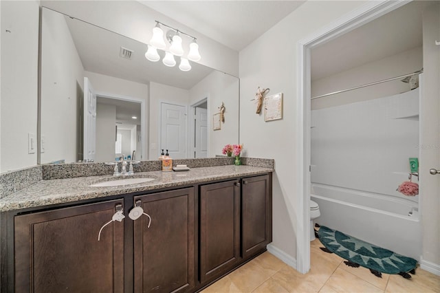 full bathroom with vanity, toilet, shower / bathtub combination, and tile patterned flooring