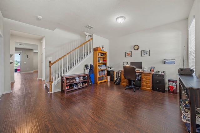 home office featuring dark wood-type flooring