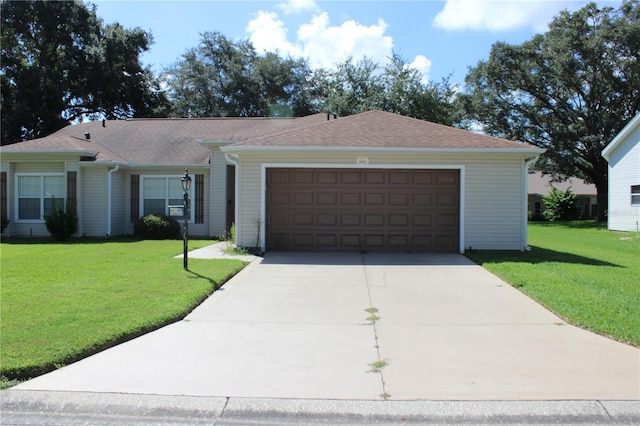 ranch-style home with a garage and a front lawn