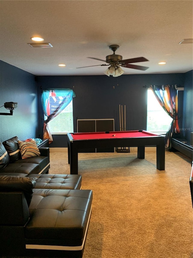 game room featuring carpet flooring, plenty of natural light, ceiling fan, and pool table