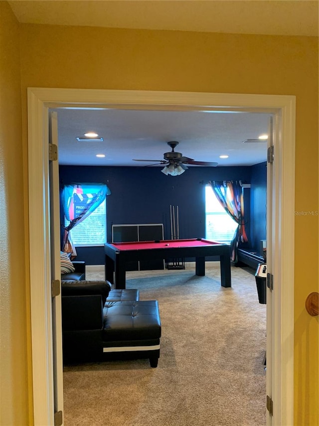 game room featuring ceiling fan, pool table, and carpet floors