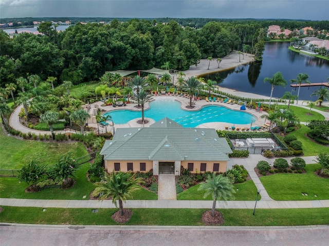 aerial view featuring a water view