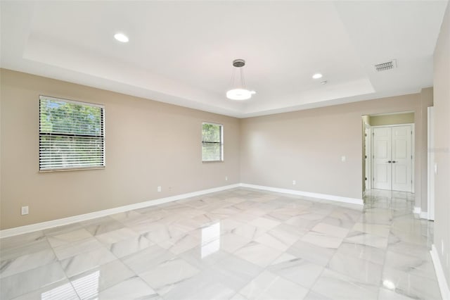 unfurnished room with a raised ceiling