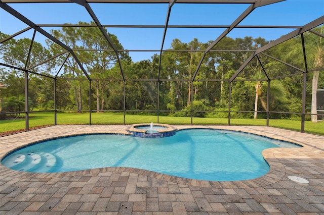 view of pool featuring glass enclosure and a patio