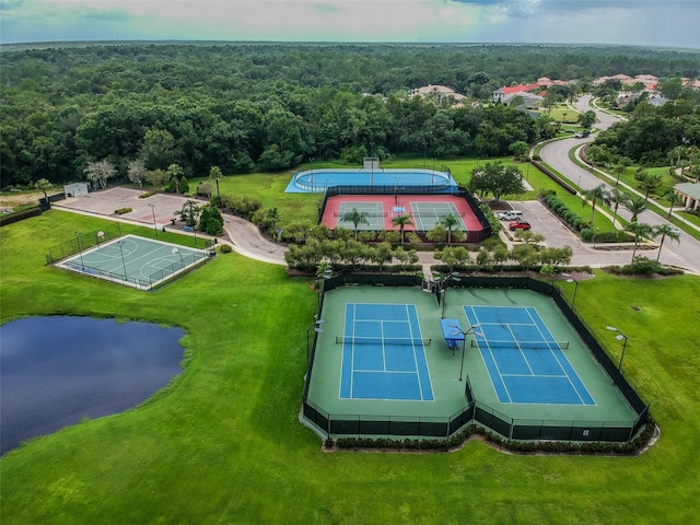 aerial view featuring a water view