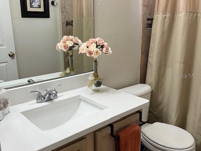 bathroom with vanity, toilet, and a shower with shower curtain