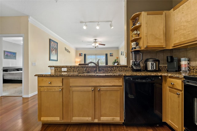 kitchen featuring dark stone counters, dark wood-type flooring, sink, and black appliances