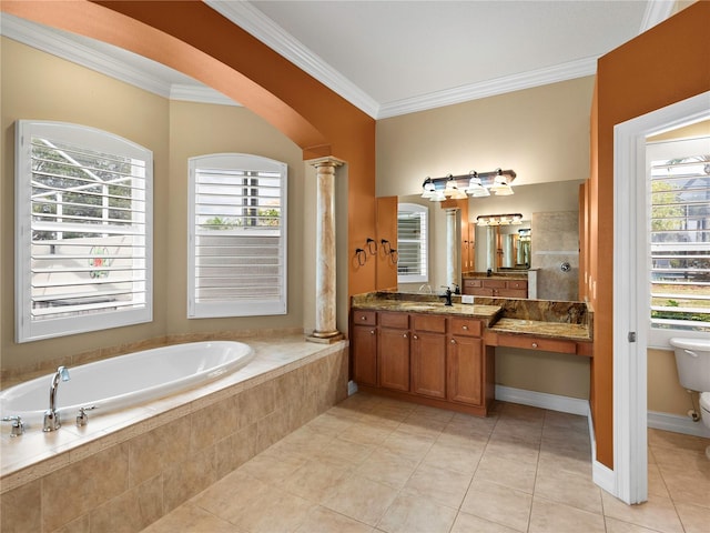 full bathroom featuring vanity, toilet, ornamental molding, and ornate columns