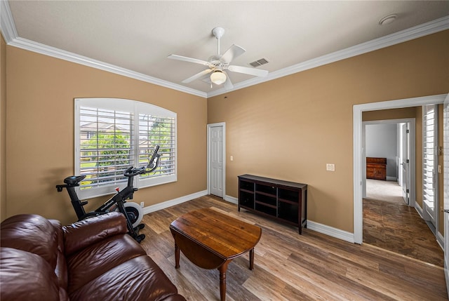 workout area with ceiling fan, crown molding, and wood-type flooring