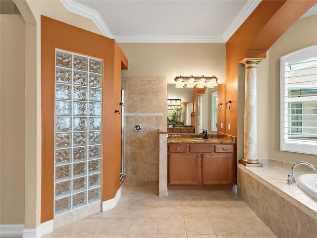 bathroom featuring vanity, ornate columns, ornamental molding, and plus walk in shower