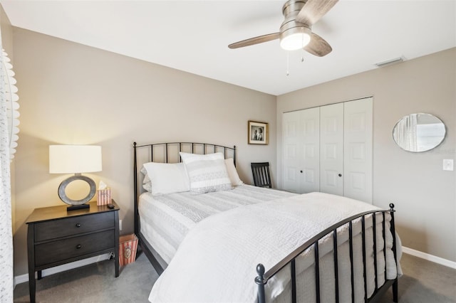 carpeted bedroom featuring ceiling fan and a closet