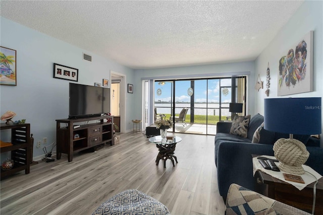 living room with light hardwood / wood-style floors and a textured ceiling