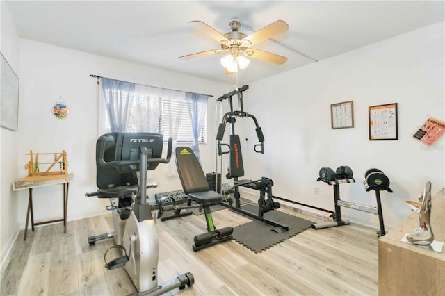 workout area with ceiling fan and light wood-type flooring