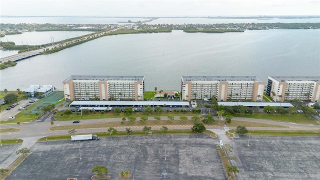 drone / aerial view with a water view