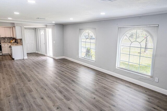 unfurnished living room featuring ornamental molding, sink, and wood-type flooring