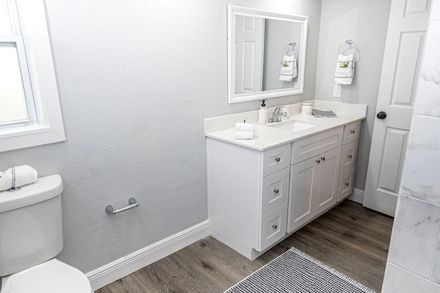 bathroom with vanity, wood-type flooring, and toilet