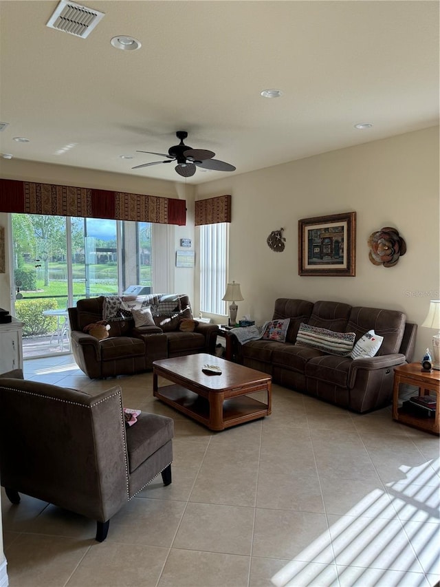 living area with ceiling fan, light tile patterned flooring, visible vents, and recessed lighting