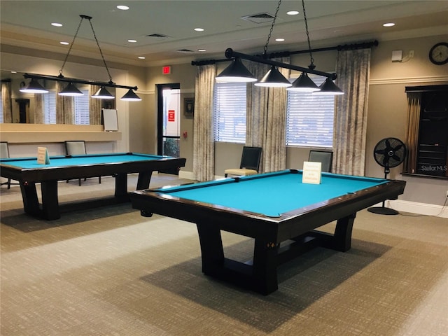 recreation room featuring recessed lighting, baseboards, light colored carpet, and pool table