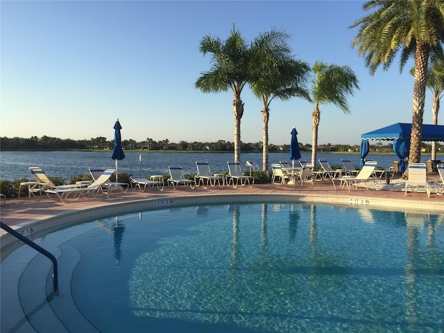 view of pool with a water view