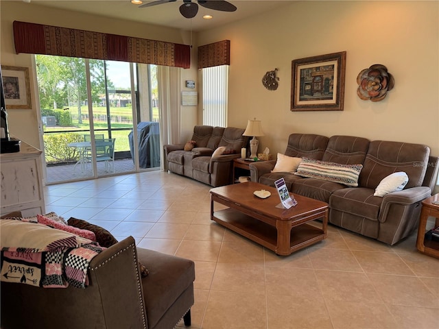 15953 Cobble Mill Dr, Wimauma, FL 33598 - living room featuring light tile patterned flooring, ceiling fan, and recessed lighting