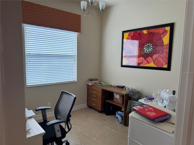 15953 Cobble Mill Dr, Wimauma, FL 33598 - office space featuring light tile patterned floors, a chandelier, and baseboards
