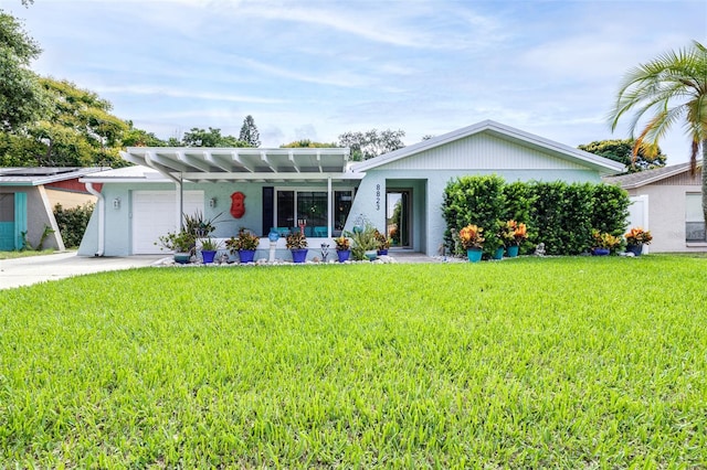 ranch-style home with a pergola, a garage, and a front lawn