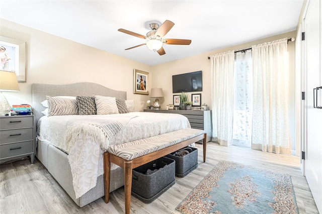 bedroom featuring ceiling fan and light wood-type flooring