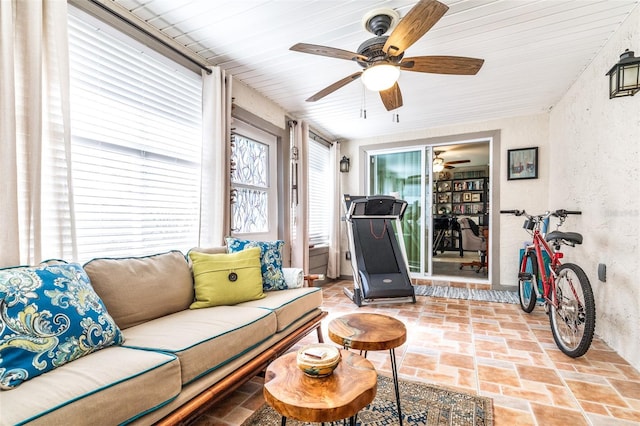 living room featuring ceiling fan