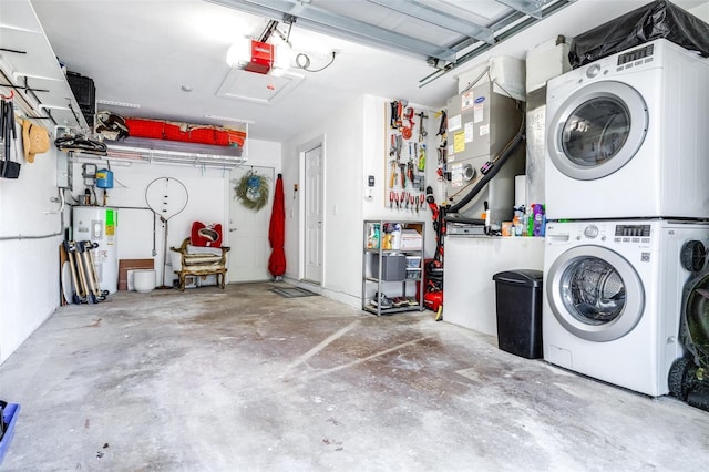 garage featuring a garage door opener, stacked washing maching and dryer, and electric water heater