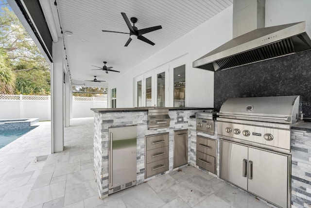 view of patio / terrace with a fenced in pool, a grill, area for grilling, and ceiling fan