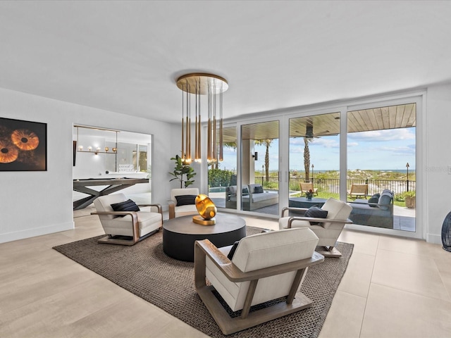 living room with floor to ceiling windows