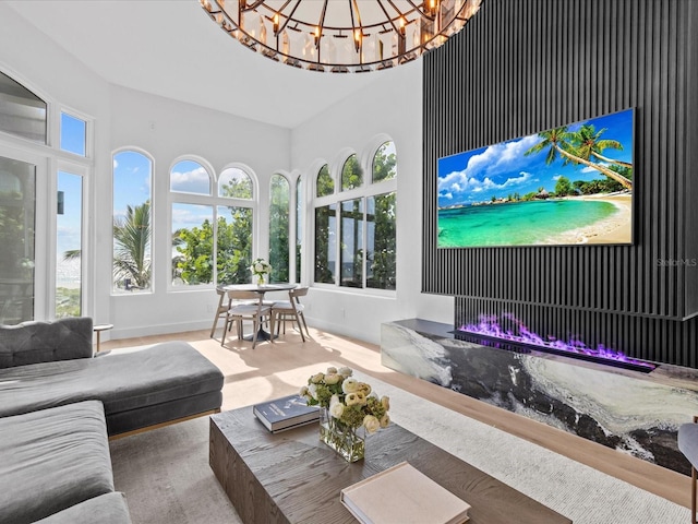 living room featuring a chandelier