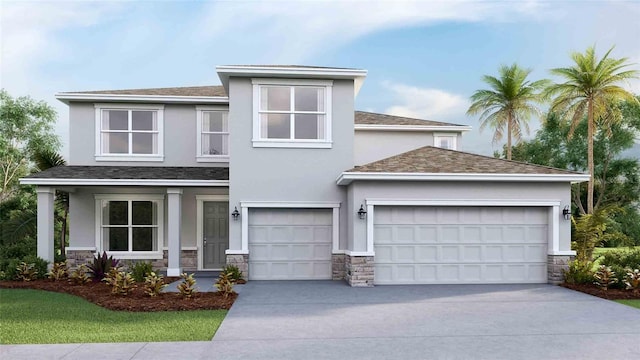 view of front of house with stone siding, concrete driveway, and stucco siding