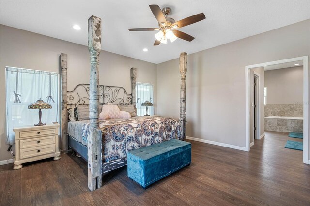 bedroom featuring ceiling fan and dark hardwood / wood-style flooring