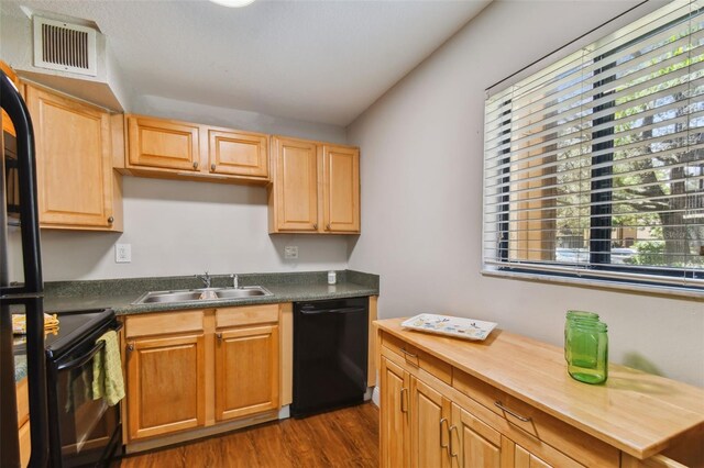 kitchen featuring dark hardwood / wood-style floors, dishwasher, stove, and sink