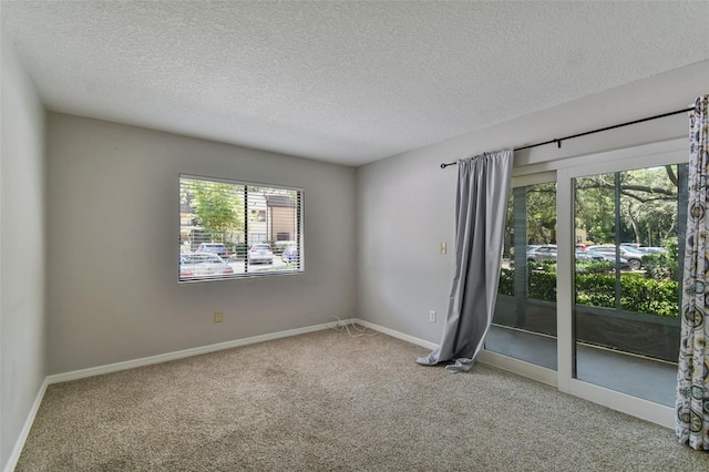 unfurnished room with carpet and a textured ceiling