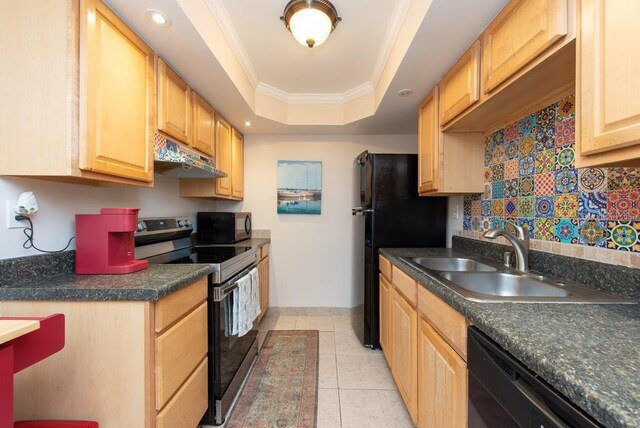 kitchen featuring sink, a raised ceiling, decorative backsplash, black appliances, and ornamental molding