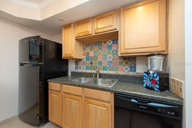 kitchen featuring decorative backsplash, crown molding, sink, black appliances, and light brown cabinets