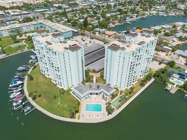 bird's eye view with a water view