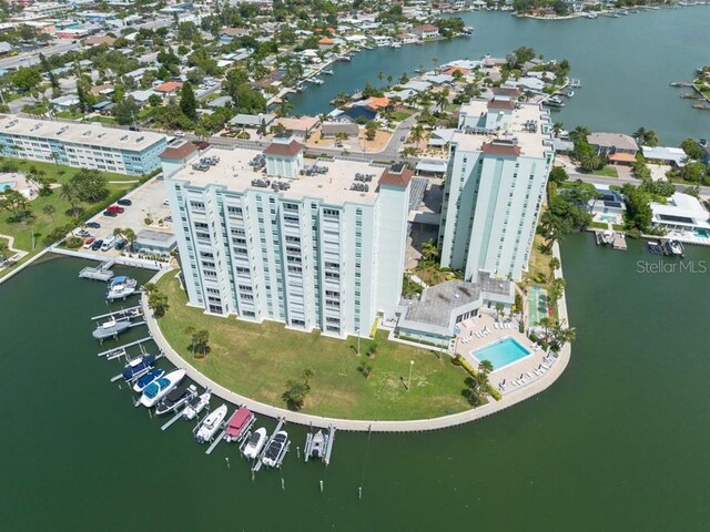 birds eye view of property featuring a water view