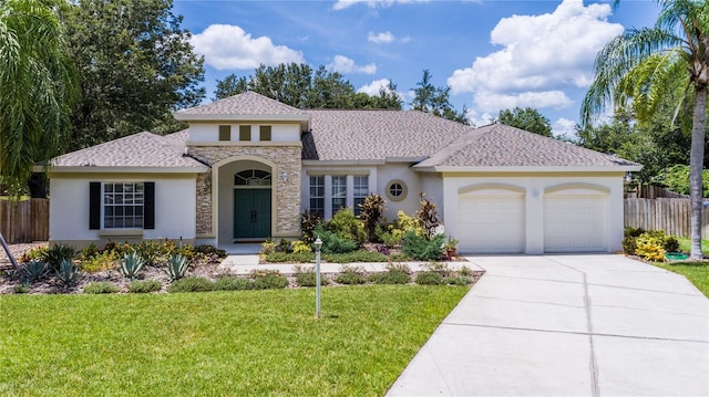 mediterranean / spanish home with a garage and a front lawn