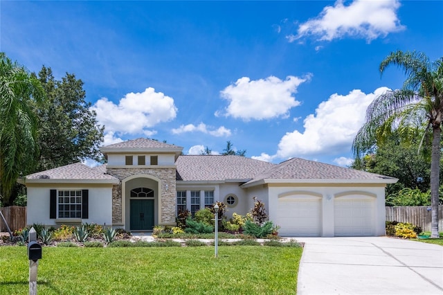 view of front of home featuring a garage and a front lawn