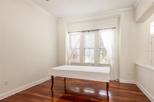 interior space with ornamental molding and dark hardwood / wood-style floors