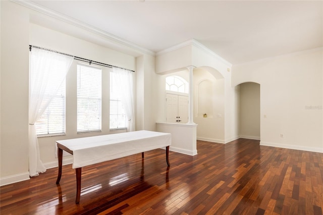 office space featuring wood-type flooring and ornamental molding