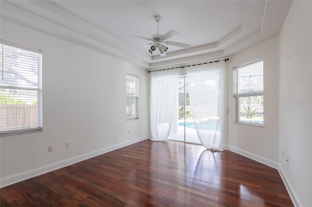 empty room featuring hardwood / wood-style flooring, a raised ceiling, and plenty of natural light