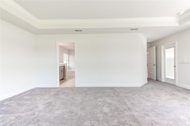 spare room with light colored carpet, crown molding, and a tray ceiling