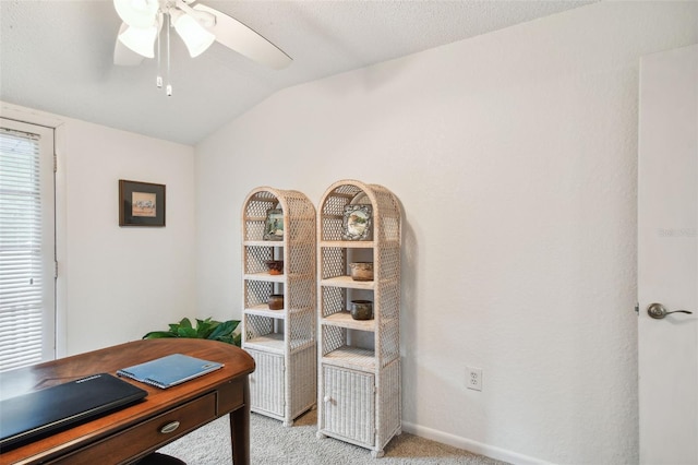 office with light carpet, a textured ceiling, ceiling fan, and vaulted ceiling