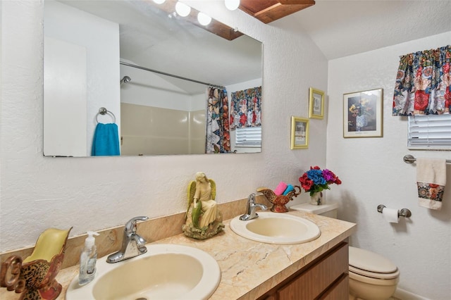 bathroom with toilet and double sink vanity