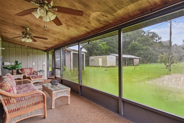 sunroom featuring lofted ceiling, ceiling fan, and wood ceiling