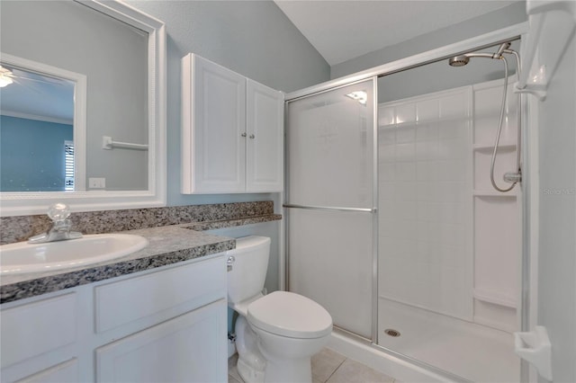 bathroom featuring tile patterned flooring, vanity, an enclosed shower, and toilet